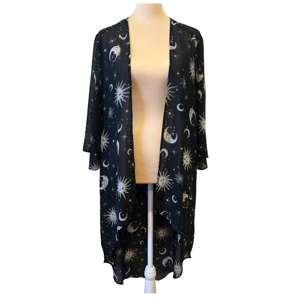Hot Topic High Lo Cardigan M/L Black Sun Moon Stars Celestial Lightweight Witchy